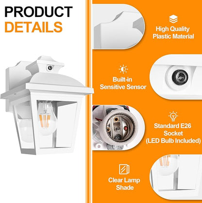FUDESY Dusk to Dawn Outdoor Wall Lantern, Exterior Sensor Porch Light Wall Mount with LED Bulb, Waterproof Anti-Rust Wall Sconce Lighting , White Outside Light Fixtures for Hose, Front Door, Garage