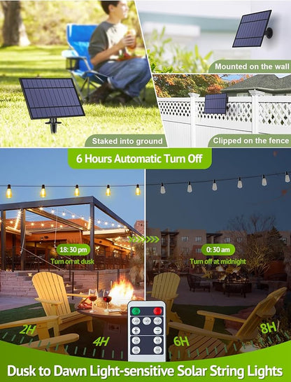 96FT(2x48FT) Solar Outdoor String Lights with Remote & Timer, Dimmable Patio Lights with 36+2 Shatterproof ST38 LED Bulbs for Outside-Black