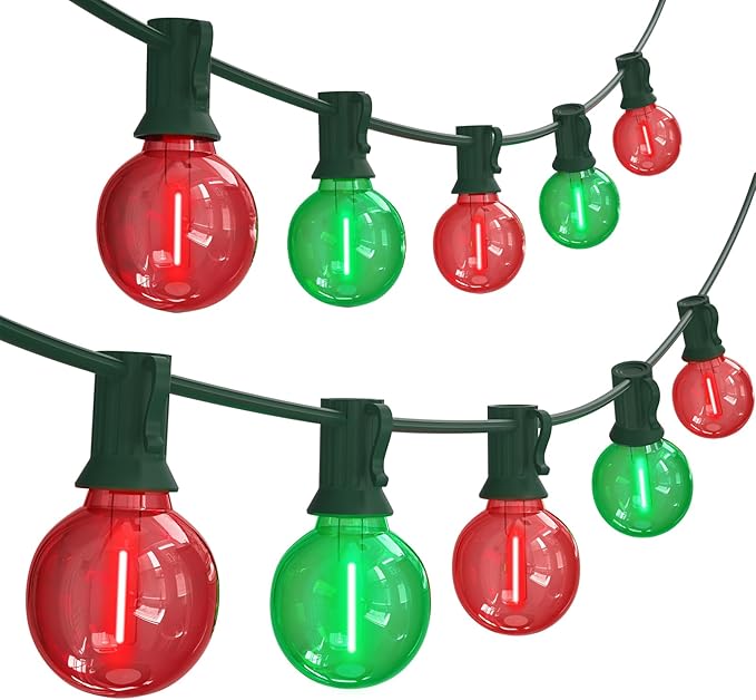 SUNSGNE 50FT Vintage Christmas Lights Outdoor, G40 LED Globe Outdoor Christmas Lights with 27 LED Clear Red Green | Lumora