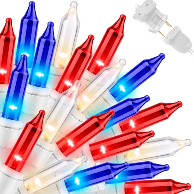 LAMPHOME 31.9FT 150-Count Red White and Blue Mini Lights,4th of July Patriotic String Light White Wire, Independence Day Lights for Indoor Outdoor Christmas Party Decor,Red White Blue