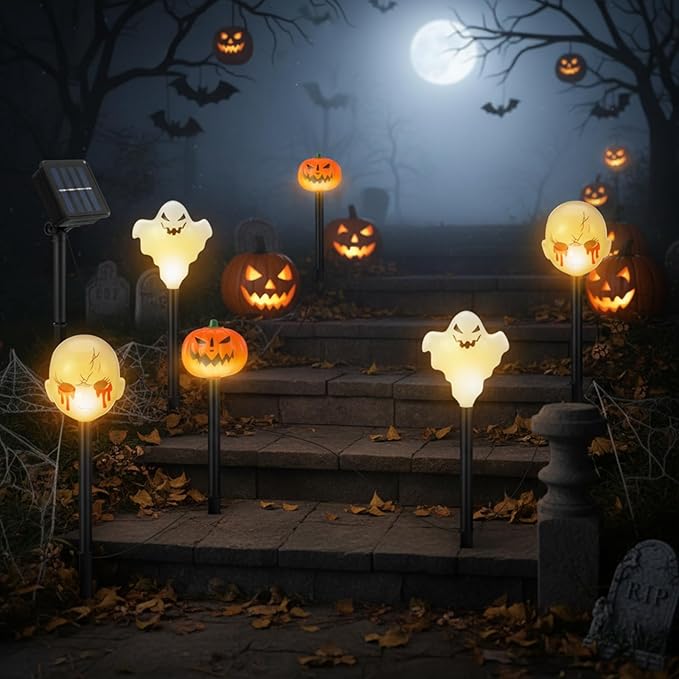 6 Pack Halloween Decorations Outdoor Solar Stake Lights Halloween Lights Waterproof for Garden Patio Yard Pathway Grave Lawn Porch Party Decor(Purple Ghost)