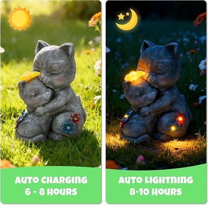 Solar Garden Statue Light, 8inch Cute Cats with Flowers Outdoor Deco for Patio, Lawn, Yard, Housewarming Birthday Gifts for Cat Lovers, Mom,Grandma,Women (Grey Cat)
