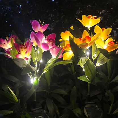 Solar Flower Lights, 2 Pack Solar Flowers with 14 Blooming Purple & Yellow Orchids, Waterproof Outdoor Decorative Lights for Garden, Yard, Patio, Pathway, Lawn, Flowerbed, Grave, Cemetery Decor