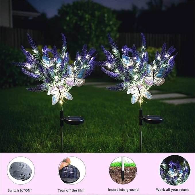 Solar Garden Decor Lights Outdoor, Lavender Butterfly Flower Stakes Light, 2 Pack Waterproof LED Flower Lights, for Garden Pathway Patio Backyard Landscape (Warm White)