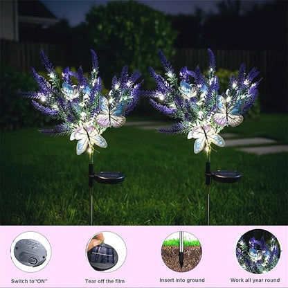 Solar Garden Decor Lights Outdoor, Lavender Butterfly Flower Stakes Light, 2 Pack Waterproof LED Flower Lights, for Garden Pathway Patio Backyard Landscape (Warm White)