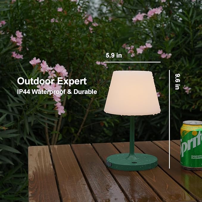 Outdoor Table Lamp/Cordless USB Rechargeable 4000mAh / 2700K LED/Touch Dimmable/Portable Battery Operated / IP44 Waterproof/PE Shade/Bedroom Dinning Camping Patio (Green, 9.6in)