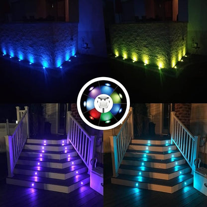 LED Outdoor Deck Lights with Photocell, RGB Φ1.18in Low Voltage 12V DC IP67 Waterproof, Remote Dimmable Multi Color Change, Electric Wired Recessed Stair Step Landscape Lighting, 8 Pack Black