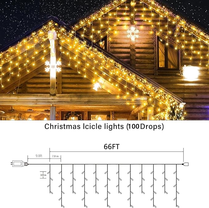 Joomer Christmas Icicle Lights - 66FT String Lights Outdoor Waterproof, 8 Modes Timer Connectable Plug-in String Light for Eaves, Roofs, Christmas Decorations (Warm White, Non-Connectable)
