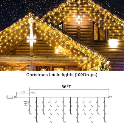 Joomer Christmas Icicle Lights - 66FT String Lights Outdoor Waterproof, 8 Modes Timer Connectable Plug-in String Light for Eaves, Roofs, Christmas Decorations (Warm White, Non-Connectable)