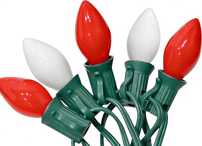 25Ft Multicolor Chritsmas Lights Outdoor, C7 Vintage String Lights with 27 Red White Ceramic Incandescent Bulbs, Hanging Patio Lights for Porch Roofline Christmas Tree Garden Pathway Indoor Decor