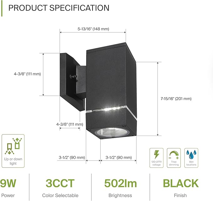 ASD 1 Light Square LED Indoor & Outdoor Wall Light Fixture | 9W 580LM 3000K-5000K 100-277V Cylinder Up Down Lights | Dimmable Exterior Wall Sconce | Front Door, Porch, Patio | Ringed Black, ETL 2 Pack