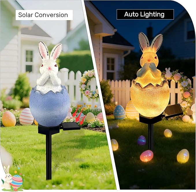 Solar Easter Egg Bunny Lights Outdoor, Waterproof Easter Solar Lights Rabbit Bunny Garden Statue Easters Yard Egg Decorations Outdoor for Outside Cemetery Grave (Blue Don't Speak)