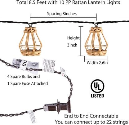Decorative String Lights, UL Listed Rattan Lantern Style Patio Lights with 10 Mini Bulbs - Connectable, Weatherproof Plug In Lights for Indoor/Outdoor Home Decor, Pergola, Porch, Party and Backyard