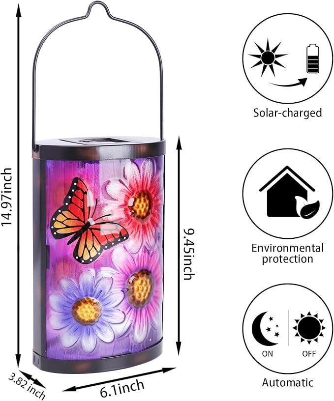 Hanging Solar Lantern Outdoor Waterproof Flowers Butterfly Solar Lights Glass Tabletop Decorative Lamp for Outdoor | Lumora