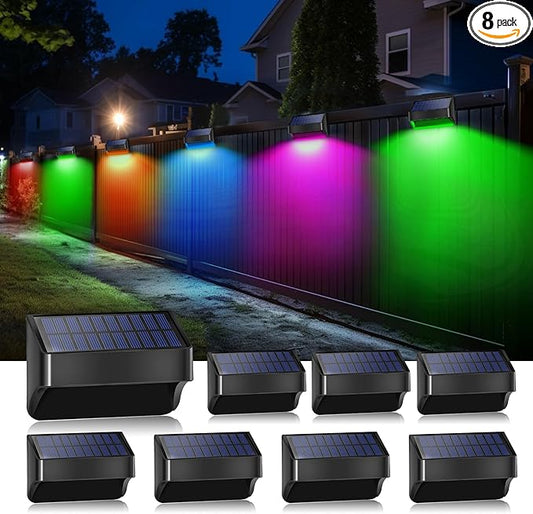 Solar Fence Lights Outdoor 8 Pack Fence Lights Solar Powered 4 Modes, Warm White & RGB 8 Color Solar Deck Lights 90 Lumen Waterproof IP65, Fence Post Solar Lights for Yard Patio Deck Stair Handrail
