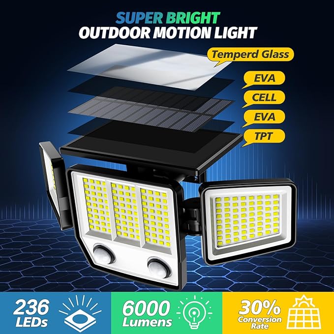 6500K Solar Outdoor Lights,3000LM 304 LED Motion Sensor Outdoor Lights, 3 Heads Security Light,IP67 Waterproof, 270°Flood Wall Light with 3 Modes for Backyard Yard,2 Pack
