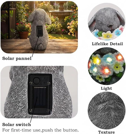 PETAFLOP Solar Powered Rabbit Garden Light, Easter Bunny Holding Flower with Warm White LED, Outdoor Decor for Yard, Pathway, Lawn, Patio, Balcony