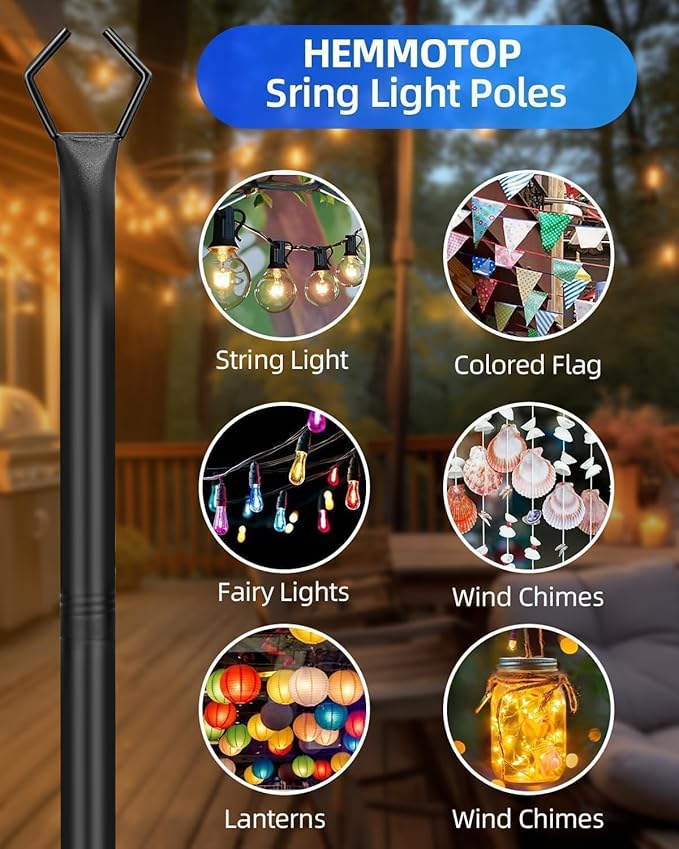 HEMMOTOP String Light Poles for Outside 10FT 2 Pack, Outdoor String Light Poles for Patio Decor Garden Deck | Lumora