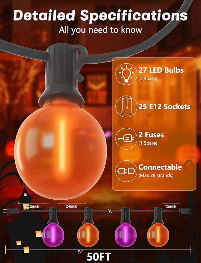 50ft Halloween Outdoor String Lights, G40 LED Halloween Globe Lights with 27 Frosted Orange and Purple Bulbs(2 | Lumora