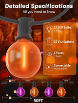 50ft Halloween Outdoor String Lights, G40 LED Halloween Globe Lights with 27 Frosted Orange and Purple Bulbs(2 | Lumora