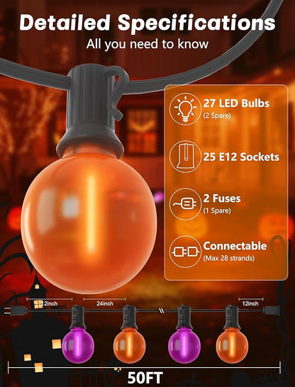 50ft Halloween Outdoor String Lights, G40 LED Halloween Globe Lights with 27 Frosted Orange and Purple Bulbs(2 Spare) for Outdoor Indoor Patio Yard Roofline Decorations, E12 Socket, Black Wire