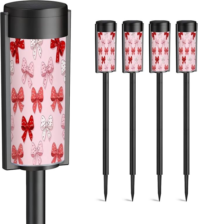 4 Pack Solar Pathway Lights Outdoor Waterproof Valentine Coquette Bow Heart Seamless Red Pink White Holiday Ribbon Solar Garden Lights LED Landscape Lighting for Yard Walkway Lawn Garden Decor