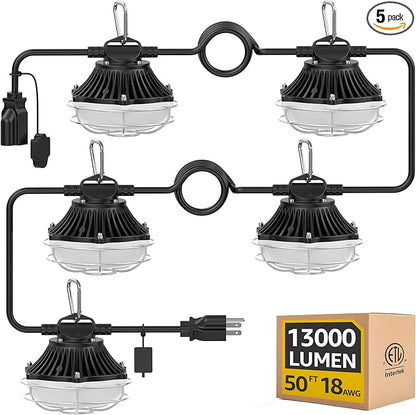 Aluminum Shell Construction String Lights：50FT 125W Linkable ETL Listed Super Bright LED Industrial Outdoor Temporary Lighting String Hanging Work Lights for Attic Jobsite