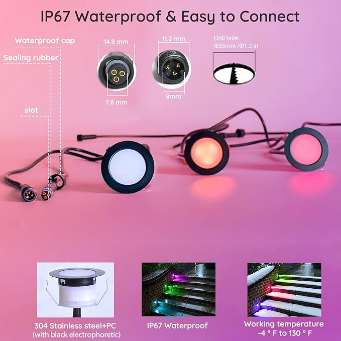 LED Deck Lights Kit, 30 Pack 1.77" Smart RGBW+IC Outdoor Lights | Low Voltage Recessed Deck & Step Lights | IP67 | Lumora
