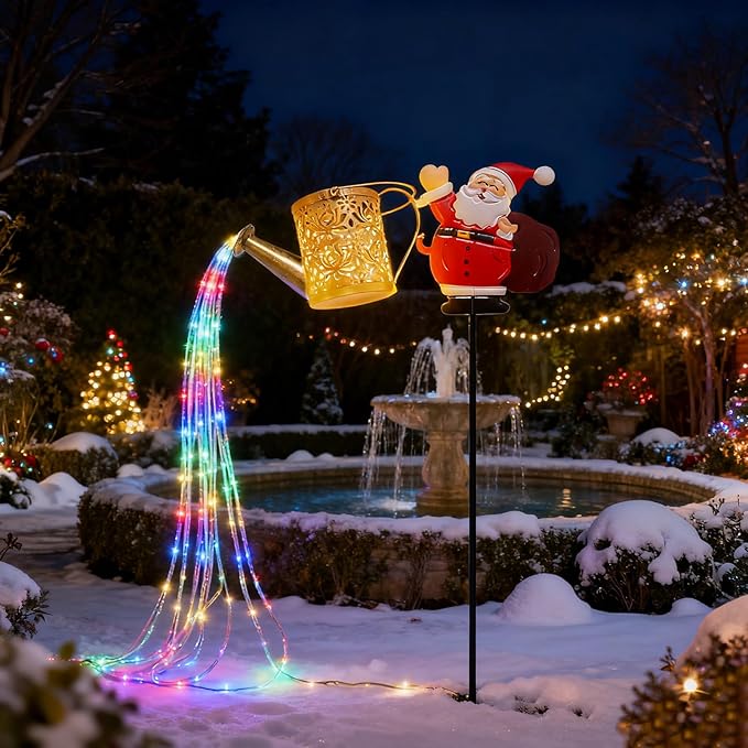 Christmas Solar Kettle Lights, Light Solar Santa Claus Watering Can LED Light, Waterproof Solar Powered Lawn Decorative Lights for Outdoor Christmas Pathway Decoration (Rainbow B, Kettle Lights)