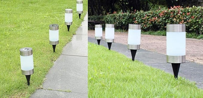 Solar Garden Lights Outdoor Solar Landscape Lights Silver Stainless Steel Bollard Decorative Lighting Waterproof Solar Powered Pathway Lights for Lawn Patio Yard Walkway Driveway,White,4 Pack