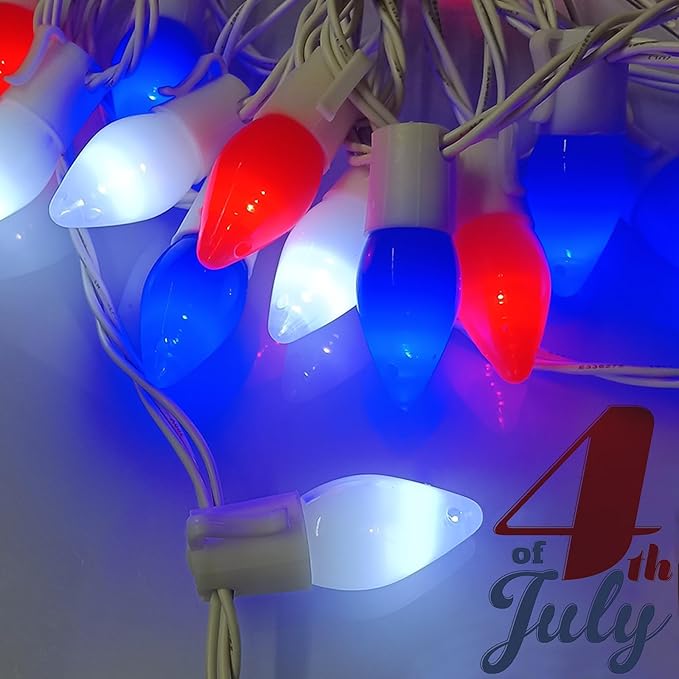 Red White and Blue String Lights 25Ft C7 LED 4th of July Light with 25 Shatterproof Patriotic Lights Plug in Christmas Light for Home Indoor Outdoor Presidents Day Memorial Day Fourth of July Decor