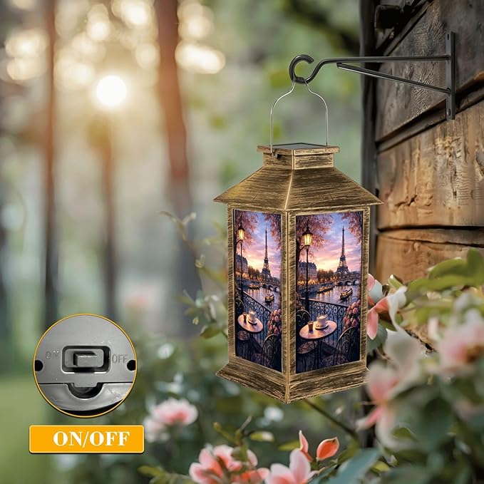 Solar Lantern Outdoor Waterproof Vintage Paris Eiffel Tower French Cityscape Cafe Decor Romantic City Garden Decor LED Solar Lights Hanging/Tabletop Lamp Gifts for Women Mom for Outside Yard Patio