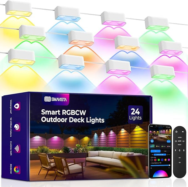 Outdoor Deck Lights 24 Packs, Smart RGBCW Fence Light, 100+ Scene Modes, Dual Lens LED String Lights with | Lumora