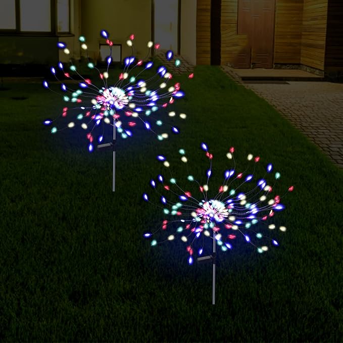 2 Pack 175 LED Solar Firework Lights Outdoor, 4th of July 2 Modes Solar Garden Light Waterproof Twinkling Light, Starburst Lights for Landscape Path Halloween Christmas Decor （Colorful）