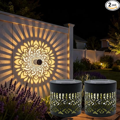 Decorative Solar Mandala Lights, Solar Mandala Lights Outdoor, Metal Waterproof LED Lamp for Garden Fence, Deck Steps, Patio Walls, Outdoor Landscape (2, Mandala Warm Light)