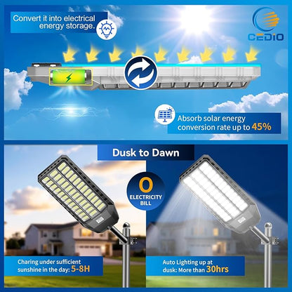 CEDIO 12000W Commercial Grade Solar Street Light, IP67 Waterproof Heavy Duty LED Flood Light with Remote & Motion Sensor, Dusk to Dawn Security Light for Parking Lot, Farm, Property, Yard