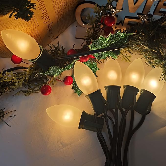 25Ft Frosted White Christmas Lights C9 Vintage Christmas String Lights with 26 Frosted White Bulbs(1 Spare) Hanging | Lumora