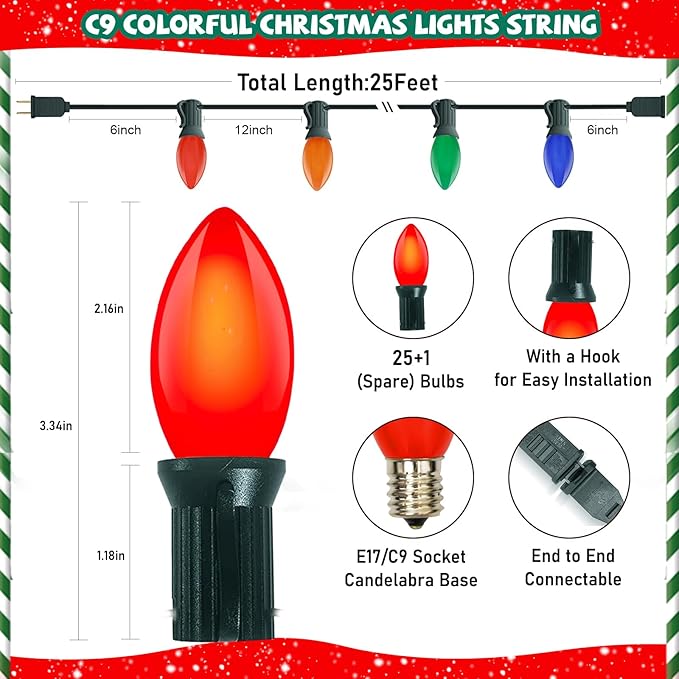 C9 Vintage Incandescent Christmas Lights Outdoor, 25Ft Christmas Tree Lights with 26 Colorful 7W Incandescent Bulbs(1 Spare), Xmas Lights Outdoor for Tree/Garden/Yard/Holiday Decor, Green Wire