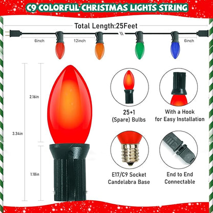 C9 Vintage Incandescent Christmas Lights Outdoor, 25Ft Christmas Tree Lights with 26 Colorful 7W Incandescent Bulbs(1 Spare), Xmas Lights Outdoor for Tree/Garden/Yard/Holiday Decor, Green Wire