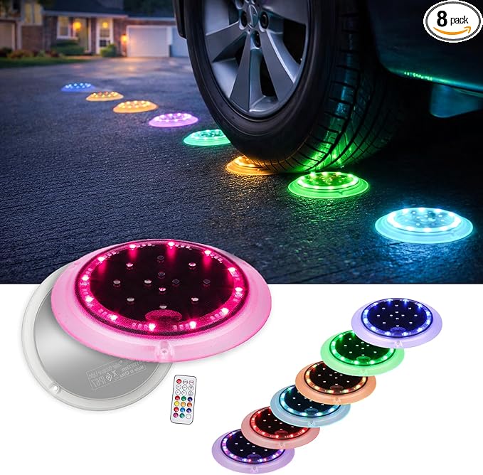 Solar Dock Lights, Color Changing 48 LEDs Super Bright Disc Driveway Light, Outdoor Waterproof Flat Low Profile, Anti-Trip&Anti-Slip for Marine, Ground, Pool, Pier, Deck (RGB-W, 8Pack)
