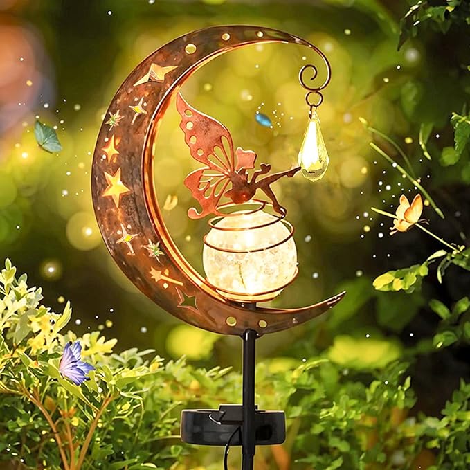 Fairy Garden Decor, Moon Fairy Garden Solar Light with Crackle Glass Globe, Waterproof LED Yard Decorations Outdoor Solar Yard Lights for Landscape Pathway Lawn Patio (Moon)