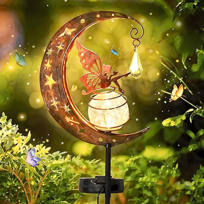 Fairy Garden Decor, Moon Fairy Garden Solar Light with Crackle Glass Globe, Waterproof LED Yard Decorations Outdoor Solar Yard Lights for Landscape Pathway Lawn Patio (Moon)