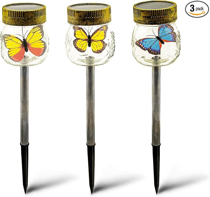 Crosslight Solar Butterfly Jar Stake Light | 3 Pack Waterproof Glass Outdoor Garden Décor | LED Decorative Light Fixture for Yard, Lawn, Backyard, Pathway | Solar Outdoor Lights Decorative