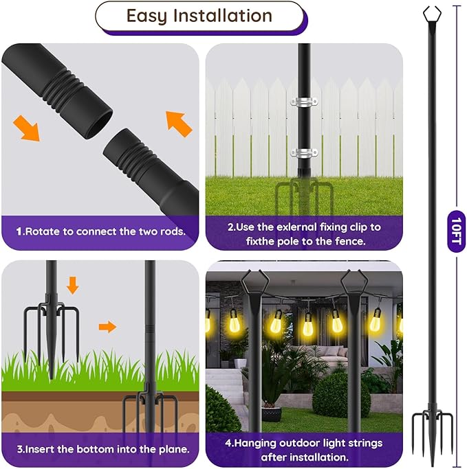 zoegi 10 Pack 10Ft String Light Poles,Light Poles for Outside Lights with Fork,Outdoor Brackets Hanging | Lumora