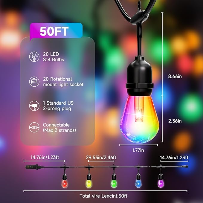 RGB Safety String Lights 50FT - Commercial Grade Low Voltage Strand with 20 S14 Shatterproof Bulbs for Tree Garden Yard bistro Cafe | RGB Party Lights & Outdoor Lights | IP65 Waterproof | UL Listed