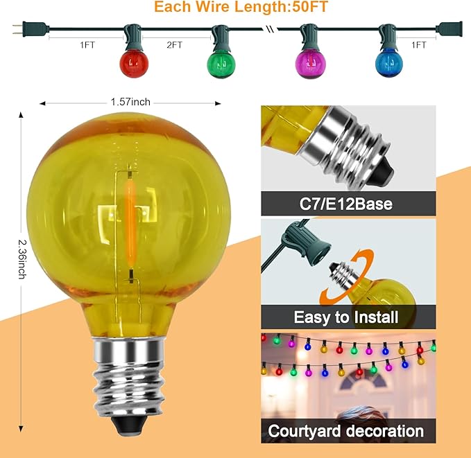 50FT Multicolor LED Outdoor String Lights, G40 Globe Dimmable Christmas Light with 27 Colorful LED Bulbs, Connectable Outdoor Patio Lights for Garden Balcony Porch Christmas Decor