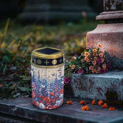 Blue Red Flower Solar Garden Lights Solar Cemetery Solar Lights Outdoor Solar Garden Stake Lights for Cemetery Grave Yard Patio Decoration Memorial Gifts