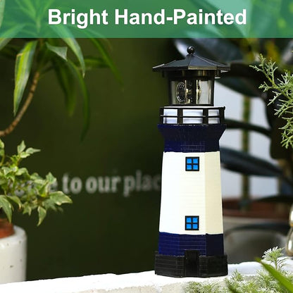 Lighthouse with Rotating Beacon LED Lights - Solar Lighthouse Lamp Outdoor Decorative for Garden Patio Well Cover Gifts(Blue2)