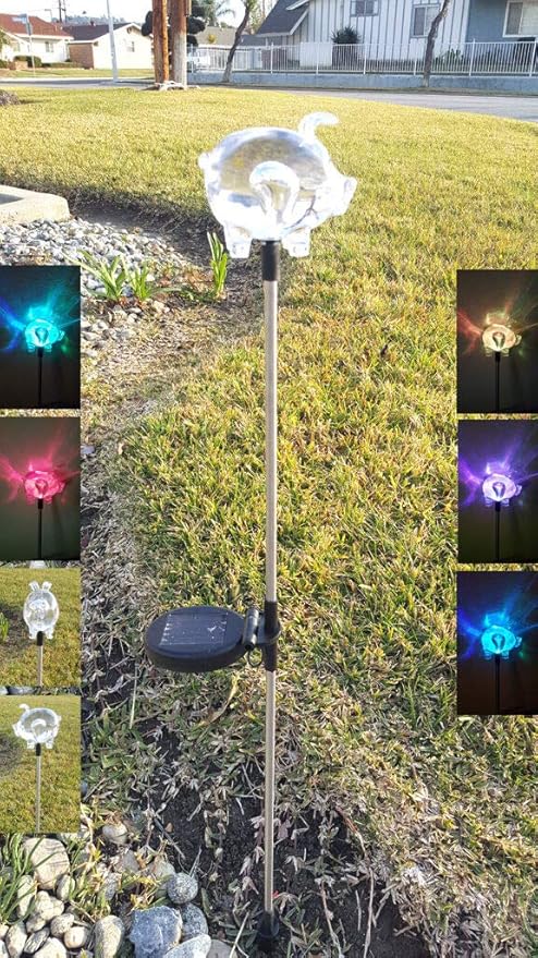 Outdoor Garden Set of 2 Pieces Solar Powered Garden Yard Stake (Color Change abilities) LED Light (Pig)…