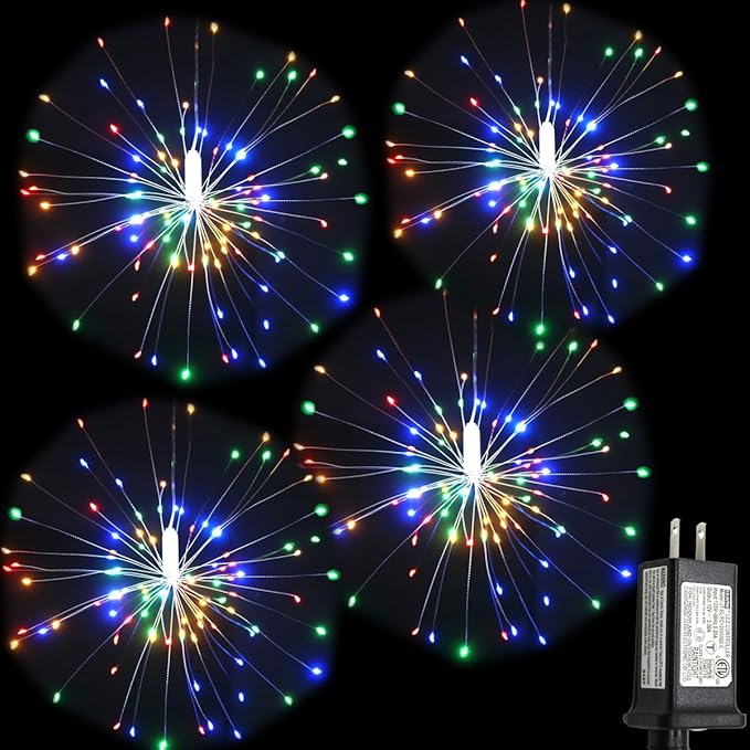 4 Pack 480 LED Firework Copper Wire Lights, Fairy Twinkle Lights Plug in String Lights 8 Modes Waterproof Starburst Lights for Christmas, Birthday, Bedroom, Corridor Patio, Garden, Wedding